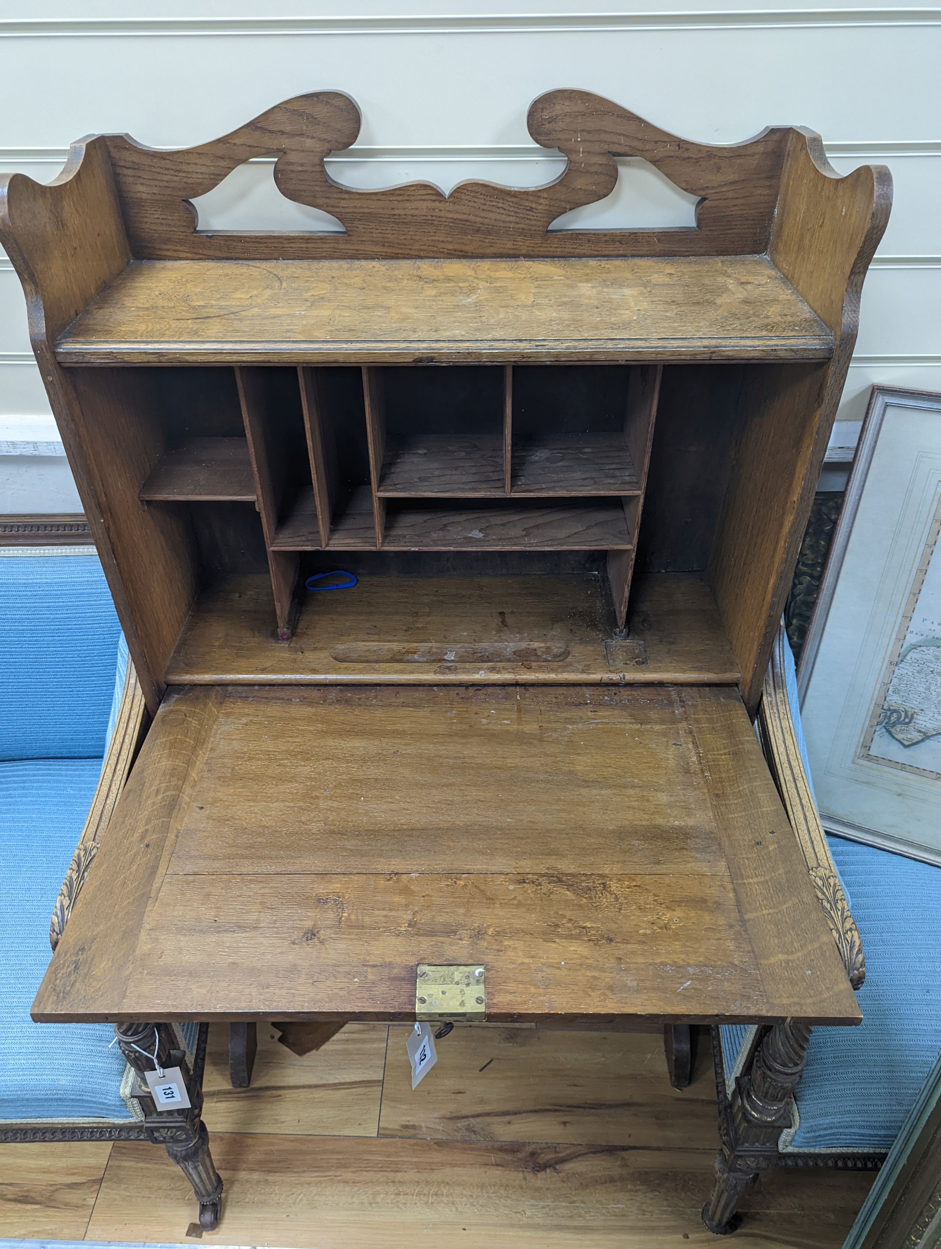 An Arts and Crafts copper mounted oak bureau, width 64cm, depth 24cm, height 120cm